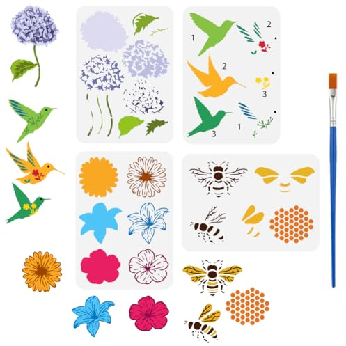 FINGERINSPIRE 4 Stück Mehrschichtige Malschablonen Mit Blumen Bienen Und Vögeln 21x29.7cm Mit Bambuspinsel Wiederverwendbare Hortensien Lilien Kolibri Bienen Wabenschablonen Vorlagen Zum Thema Natur