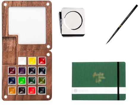 Reise-Farbpalette, tragbares Mini-Aquarell-Paletten-Set, Holzgitter, Malpapier, Aquarell-Set, Aquarellbox, Mini-P-Farbe