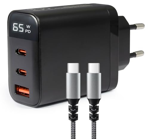65W USB C Ladegerät Schnellladegerät mit 3 Port USB Netzteil inkl. 1m USB C Kabel Power Delivery PD Ladeadapter für Laptop Notebook Tablet Smartphone Handy Spielkonsole Universal