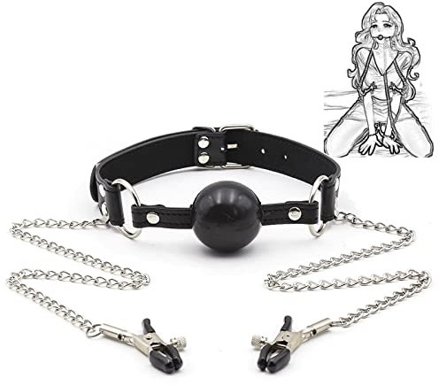 Bavaglio a sfera con morsetti per capezzoli capezzoli bondage sessuale bavaglio per bocca in pelle bavaglio a sfera morsetti per capezzoli catena per clip per capezzoli BDSM gioco di ruolo schiavo