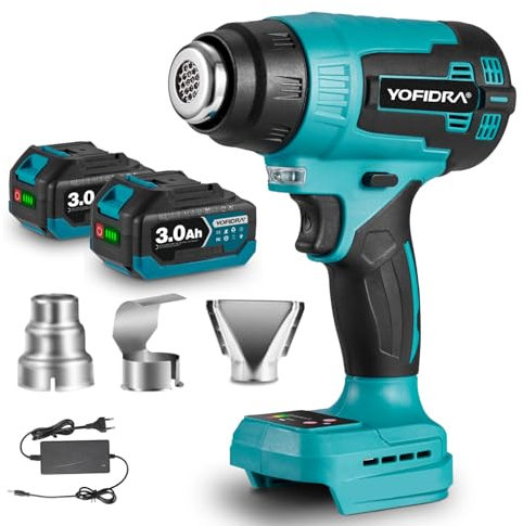 Yofidra Pistola ad Aria Calda, 500°C Max, 9 Velocità, Pistola Termica a Batteria, con Display LCD, 3 Ugelli, 2 Batterie 3,0 Ah Ideale per Rimozione Vernice, Lavori Artigianali e Fai Da Te