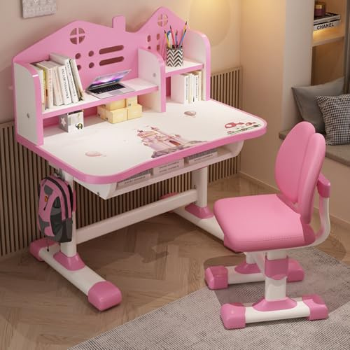 reukmuuc Höhenverstellbarer Schreibtisch und Stuhl für Kinder, ergonomischer Kinderschreibtisch mit Schublade, platzsparend, Cartoon-Druck, für Grund- und Mittelschüler, Geschenk für Mädchen, Rosa