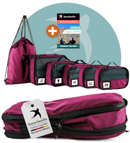 SEESCHWALBE Packing Cubes Compression | 6-teiliges Set | Premium Packwürfel kompression als ultraleichte Rucksack Organizer oder Koffer Organizer | Ideale Packtaschen für deine Reise (himbeer)
