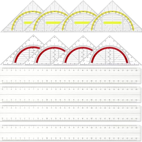 12 Stück Geometrie Dreieck, 4 Geodreieck Mit Griff Gelb, 4 Geodreieck Rot, Und vier Herrscher， Transparent Geodreieck, Geodreieck Set, Geodreieck Flexibel, Geeignet für Studenten Büro Designer Malerei
