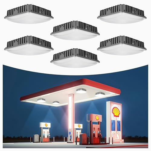 70W LED Canopy Light 6Pack, Selectable Wattage 30/45/60/70W, 3CCT 4000/5000/6500K, Commerical LED Canopy Lights, Gas Station Square led Light for Garage Carport, 0-10 Dim 100-277VAC, ETL Listed