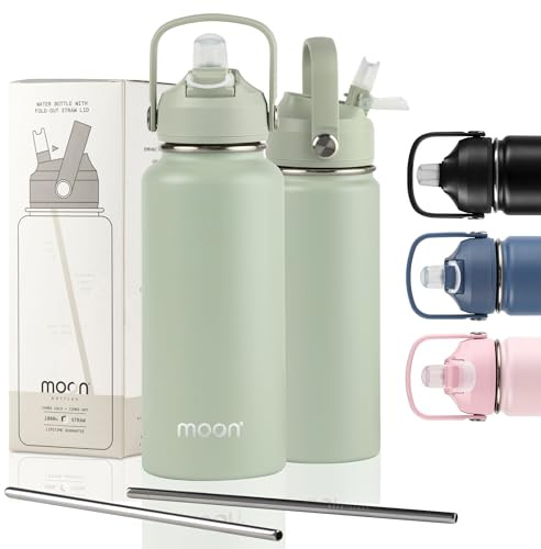 moon bottles - Insulated Water Bottle with Straw - Stainless Steel Sports Drink Bottle, Thermal Flask, 24hr Cold, 12hr Hot, Double Walled, Metal Straw, Silicon Spout, UK Company (1L, Green)