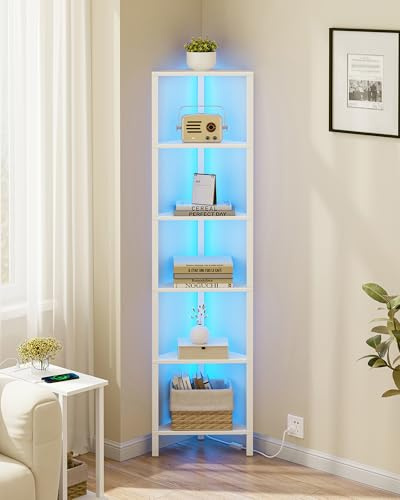 TUTOTAK Corner Bookshelf with LED Light, 6-Tier Corner Shelf for Small Space, Narrow Display Corner Shelf Stand with Storage Rack, for Living Room, bedroom, Pure White V1BS05BW006LEU