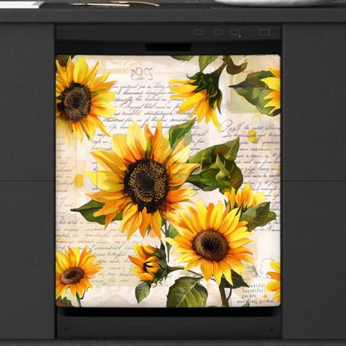 Mexpekil Aimant de lave-vaisselle vintage tournesols 53,3 x 66 cm, autocollant décoratif pour porte d'entrée, panneau magnétique imperméable pour cuisine