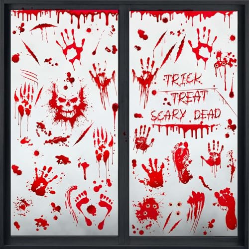 Halloween Deko Fensterbilder - 95 Stück Gruselig Fensteraufkleber mit Blutige Handabdrücke Fußabdruck, Selbstklebend Fenstersticker Wiederverwendbare für Halloween Party, Spukhaus, Fensterdeko