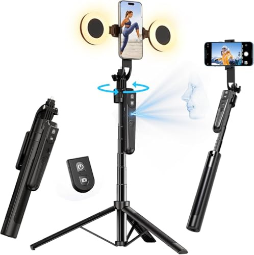 Trépied Smartphone 1,8m avec Suivi Facial IA 360°, Lumière LED Professionnelle et Télécommande - Perche Selfie Motorisée pour TikTok Youtube Live Streaming - Trépied Photo Vidéo Rotation Automatique