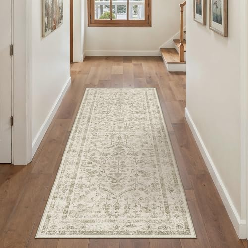 PureCozy Vintage Tappeto Cucina Antiscivolo Lavabile 60x180cm Beige Passatoia Corridoio Scendiletto Camera da Letto Sala Ufficio Lungo Carpet Pelo Corto Morbido Rug