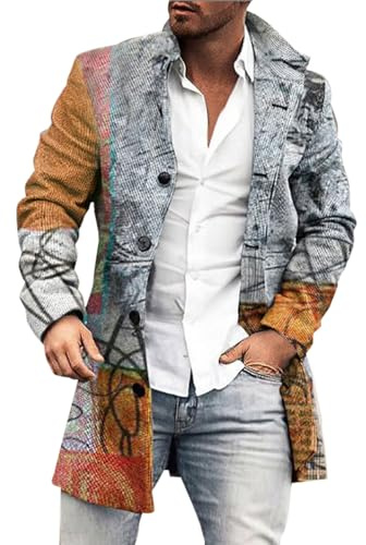 Generisch Manteau long en laine pour homme, veste demi-saison à carreaux col roulé trench coat boutonné longueur moyenne veste d'hiver grandes tailles classique cardigan veste simple polyvalente veste