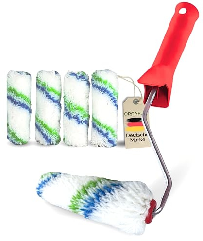 ORGAFLIX Profi Farbwalze 10cm, 5 Stück inkl. Farbroller-Bügel, Ideal für alle Untergründe, Florhöhe 11mm, Kern 15mm, Farbroller Wandfarbe, Malerrolle klein, Malerwalze, Maler-Zubehör, Maler-Set