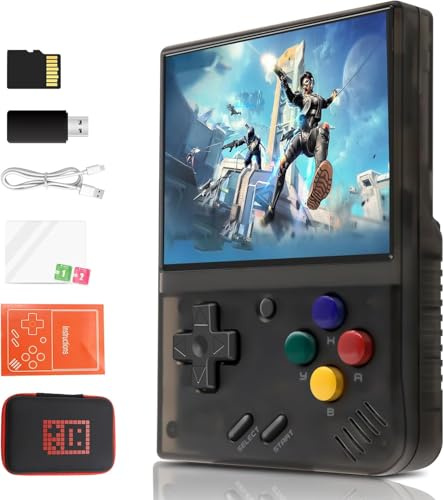 Mi-Yoo Mini Plus Console Portable, 3.5 inch IPS Screen avec 5500+ Jeux Classiques, Supporte Gamepad sans Fil, Carte 64G intégrée（Transparent Noir）