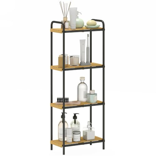 HOMCOM Étagère Salle de Bain Bambou 4 Niveaux 41,5 x 21,5 x 106 cm Noir | Étagère de Rangement Étroite Autoportante, Cadre en Acier, Salon, Salle à Manger, Balcon, Cuisine, Effet Bois Naturel