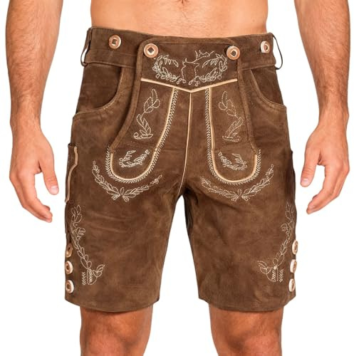 Lederhose Herren Oktoberfest Trachtenhose Tracht Trachtenlederhosen Kurz Mann Braun Bayrische Trachten Hose Trachtenmode mit Hosenträger Traditionelle Vintage Outfit Dunkelbraun