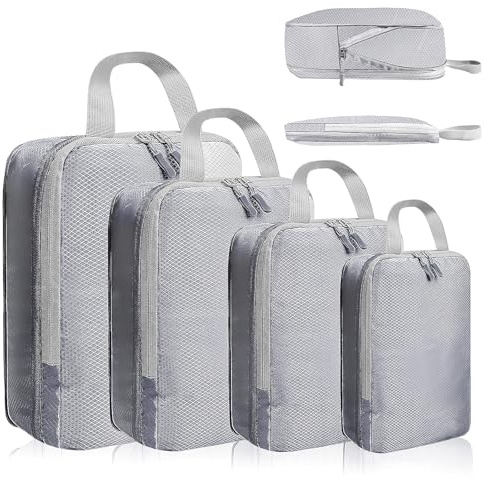 Bagage Sac Compression,Packing Cubes Compression Organisateur de Voyage Ultraléger,Rangement Valise peut Répondre Tous Vos Besoins de Voyage(Gris,4 pièces)