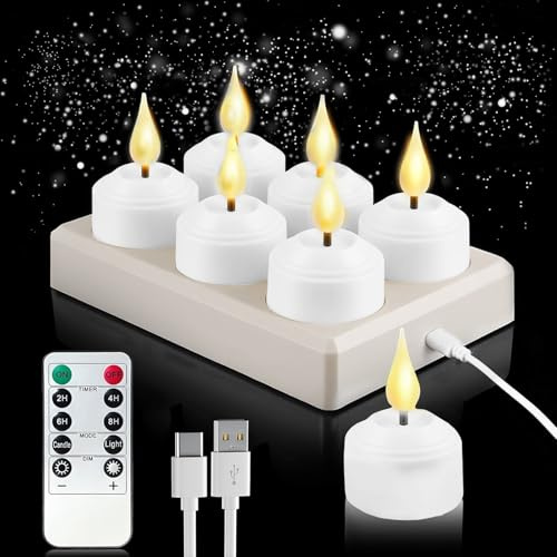 MeYuxg 6er Wiederaufladbare LED Teelichter mit Timer & Ladestation – Dimmbar, Flackernde Kerzen mit Fernbedienung, Ideal für Zimmer, Wohnzimmer, Tisch, Party, Halloween & Weihnachten