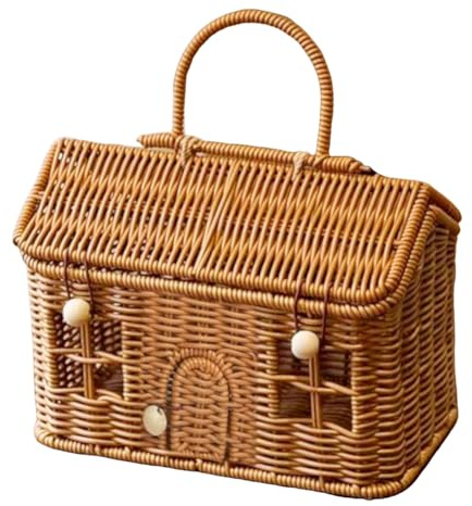 Garden Harvest Basket - House Shaped Imitation Rattan Basket With Lid & Handle | Not Easy To Crack Or Deform | Decorative Storage Container For Home Decor Picnic Camp