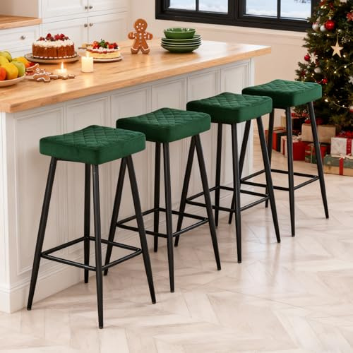 ZOONFA Set of 4 Bar Stool Velvet Upholstered Breakfast Stools Metal Legs Bar Chairs with Footrest for Kitchen Counter Green