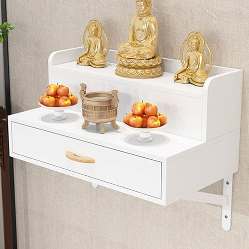 RTTZBOZ Wandmontierter Altartisch, Buddhistisches Altarregal mit Schublade, Bambus-Pooja-Tisch für Tempel-Puja, Wahrsagerei und Anbetung(White,80cm/31in)