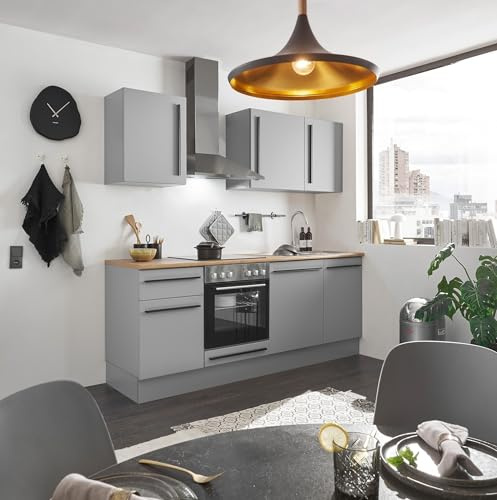möbelando Küchenzeile Denver 220 cm – Moderne Kompaktküche mit Softclose, Arbeitsplatte Lancelot Eiche & Grau Matt Fronten – Ideal für kleine Wohnküchen
