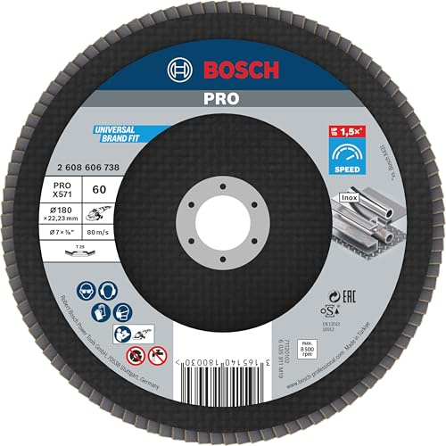 Bosch PRO X571 Fächerschleifscheibe, gerade, 180 mm, K40 | für Stahl, Edelstahl, Körnung 60, Professional Zubehör Großer Winkelschleifer