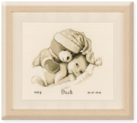 Vervaco Gezählter Kreuzstich Stickpackungen Stickset Baby Geburt Schmusebär Wanddekoration Handarbeit Set für Erwachsene Kreatives Handwerk ca. 22 x 20 cm Geburt Geschenk Hausdeko