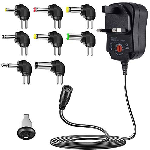 SoulBay 12W Universal 3V 4.5V 5V 6V 7.5V 9V 12V AC DC Adapter Switching Power Supply with 8 Selectable Adapter Plugs for Household Electronics Routers Speaker CCTV IP Cameras - 1000mA Max