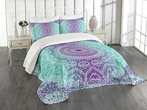 ABAKUHAUS Mandala Tagesdecke Set, Aufwändige Hippie, Set mit Kissenbezügen Waschbar, für Einselbetten 170 x 220 cm,Aqua Lila