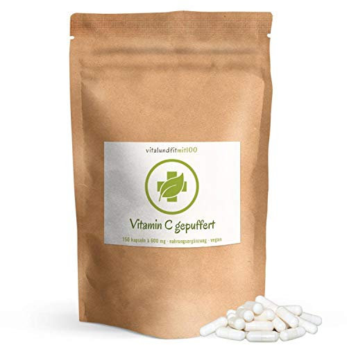 Vitamin C Kapseln - 150 Stück à 600 mg - gepuffert als Calciumascorbat - besonders magenfreundlich - 100% vegan, glutenfrei, lactosefrei - OHNE Hilfs- u. Zusatzstoffe