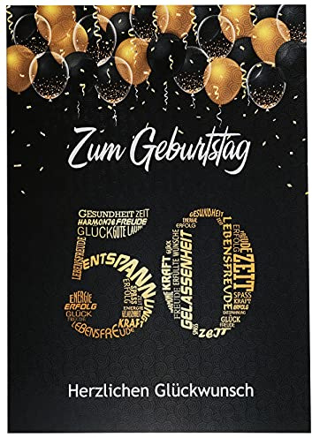Libetui Cards Geburtstagskarte 50 Schwarz Gold – A5 Karte mit Umschlag | Glückwunschkarte zum 50. Geburtstag, Zahl 50 aus Wünschen, Innenseite weiß, aufgeklappt A4, für Männer & Frauen