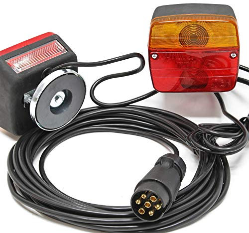 WilTec Feux arrière de remorque – Fiche 7 Broches, Câble 7,5 m & 2,5 m – Support magnétique – 2 Unités Éclairage Clignotant – Éclairage Voiture Routier