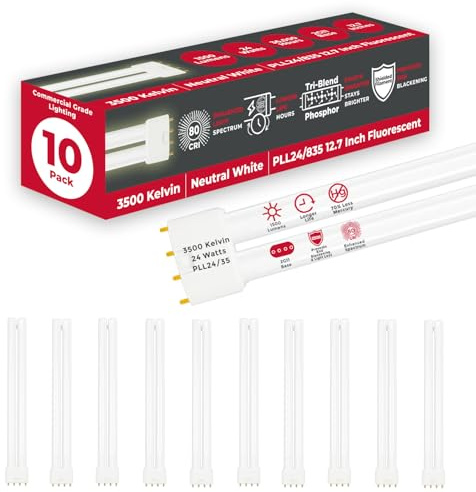 GoodBulb PLL24/835 | 24W 12.7 Twin Tube Compact Fluorescent Light Bulb | 4-pin 2G11 Base 3500K Neutral White 1500 Lumen | 36000 Hour Long Life Biax | Pack of 10