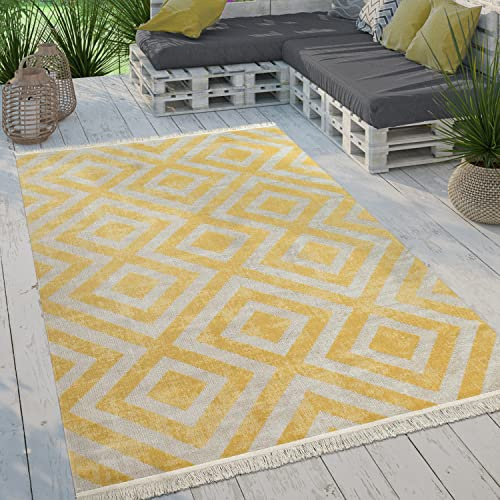 Paco Home Alfombra Tejido Plano Interior Exterior Moderno Motivo Rombos Terraza Balcón, tamaño:120x170 cm, Color:Amarillo-Blanco
