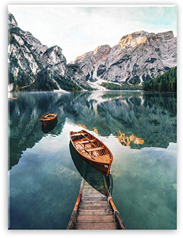STYLER Glasbild Tyrol Boat 50 x 70 cm I Naturmotiv Pragser Wildsee Dolomiten Boot Steg I Modernes Wandbild auf Glas I Hochglanz Wanddeko Wohnzimmer Schlafzimmer