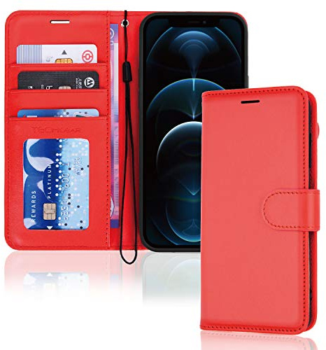 TECHGEAR - Etui iPhone 12 Pro Max Portefeuille - Housse en Cuir avec Rabat de Protection, Fentes pour Cartes, Béquille et Dragonne, Cuir PU Rouge Compatible avec iPhone 12 Pro Max 6.7''