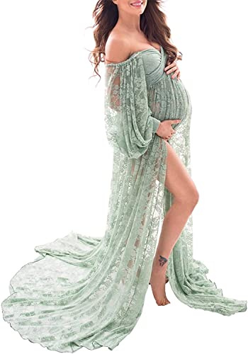 Saslax Lace Off Shoulder Doubly Split A-line Skirt Maternity Dress Soft Stretchy Pregnancy Prop Maxi Gown for Photoshoot Sage Medium