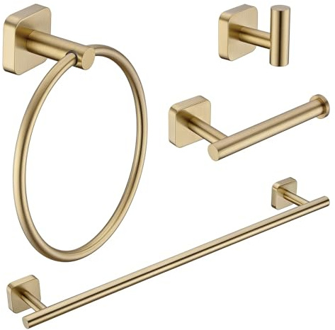 Badezimmer-Hardware-Set in Gold, 4-teilig, Edelstahl, Badetuch, Handtuchring, Rollenpapierhalter und Kleiderhaken, Litri-Serie, gebürstetes Messing
