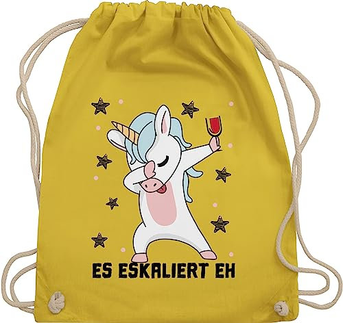 Turnbeutel Rucksack - Party & Alkohol Damen - Es eskaliert eh Einhorn mit Weinglas - Unisize - Gelb - einhornrucksack saufrucksack sauf wein beutel geschenke für weintrinker festival clothes alki