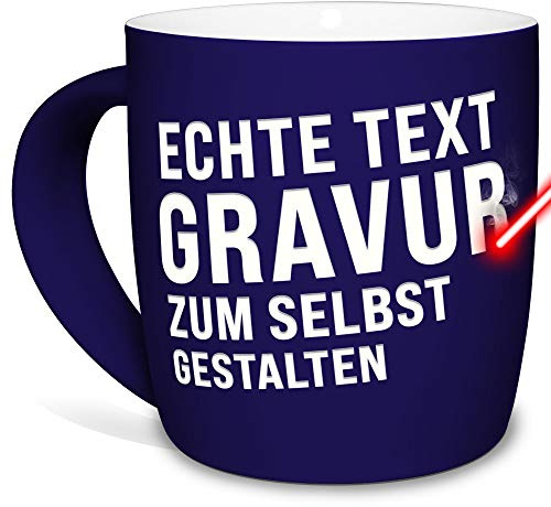 Tasse mit Gravur selbst gestalten - mit eigenem Spruch oder Wunschname gravieren - Keramiktasse außen gummiert - Blau, 300 ml