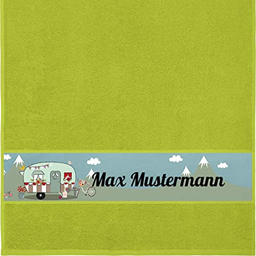 Manutextur Handtuch mit Namen - personalisiert - Motiv Camper - viele Farben & Motive - Dusch-Handtuch - hellgrün - Größe 50x100 cm - persönliches Geschenk mit Wunsch-Motiv und Wunsch-Name