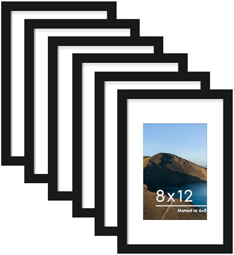 PEALSN 8x12 Picture Frame Set of 6, Display Pictures 6 x 8 with Mat or 8 x 12 Without Mat for Wall Mounting or Table Top Display, Photo Frames Collage for Wall Decor, Black | Display 6x8 with Mat or 8x12 Without Mat, Horizontal or Vertical, Gallery Wall Frame Set for Wedding & Room & Home Decor