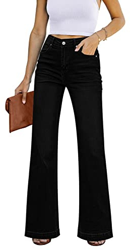 GRAPENT Womens Plus Size Jeans for Women Stretch High Waisted Flare Ripped Jeans Womens Stretchy 70s Outfits for Wide Leg Pants Women Color Always Black Large Size 12 14