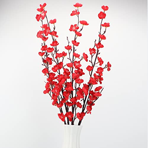 LGEGE Lot de 4 flores de cerezo artificiales rojas de seda para el hogar, la cocina, la oficina, el hotel, arreglos florales para la mesa