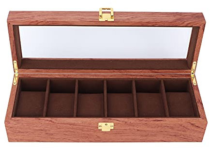 Cyrank Uhrenbox aus Holz, 6 Fächer, Uhrenaufbewahrung, Organizer, Braun, Weiches Flanellfutter, Uhrenbox-Organizer Für Männer Mit Glasdeckel, Uhren-Display-Organizer