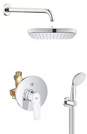 GROHE Start Flow - Installationsset (inkl. Wannen- Einhebelmischer, Wandhalterset, 250mm Kopfbruase & Wannen- Brausearm), eckig, chrom