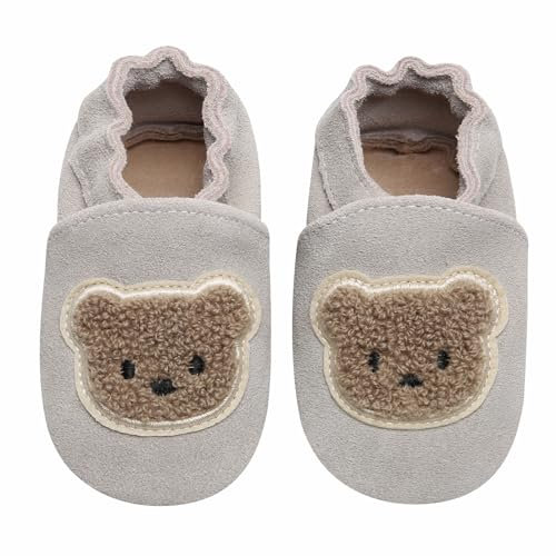 IceUnicorn Baby Lauflernschuhe Krabbelschuhe Baby Mädchen Jungen Lederpuschen Weicher Leder Wildledersohlen Lederschuhe Babys(Grauer Bär, 6-12 Monate)