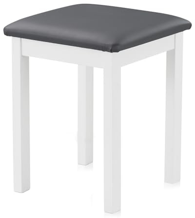 KHG Sitzhocker Holzhocker weiß lackiert, LED, Schminkhocker, Landhausstil | Kunstleder gepolstert Flur Garderobenhocker Küchenhocker 36 x 36 x 47 cm, Buche Holz Massiv bis 110 kg belastbar
