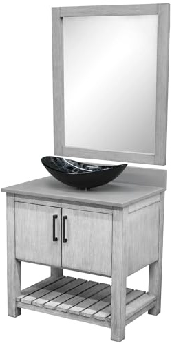 Miseno MV-30SG-NOBV-280-0128031-MIR 30 Free Standing Single Basin Vanity Set with Cabinet, Grey Quartz Vanity Top, Oval Glass Vessel Sink and Mirror - Stonewash Grey/Storm Grey Top/Matte Black